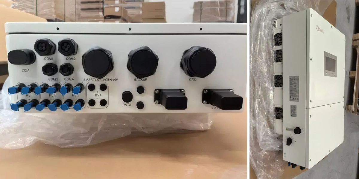 Solis S6-EH3P30K03 30kW hybrid inverter detail view – dual battery ports, three MPPT inputs with 40A string current, and connection terminals for commercial solar storage